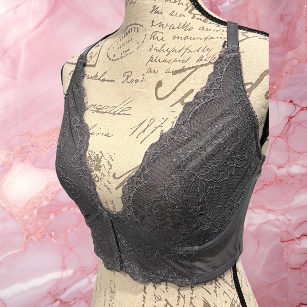 GOSSARD 7718 Superboost SMOKE Lace Deep V Underwire LONGLINE 34DDD/F Bralette